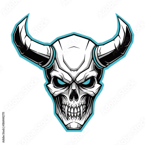 A menacing skull with large, curved horns and glowing blue eyes, rendered in a detailed, graphic style.