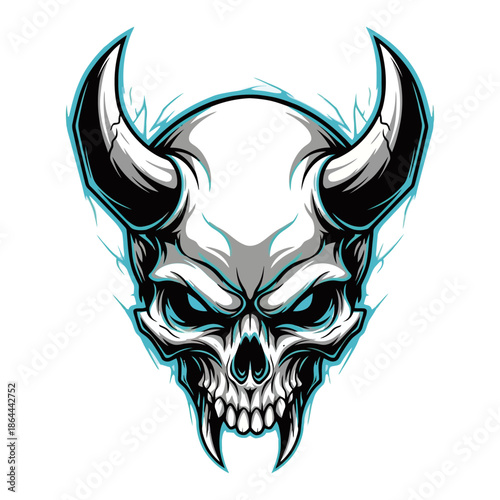 A detailed illustration of a demonic skull with sharp horns and glowing blue eyes, set against a white background.