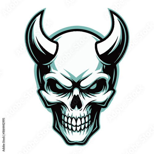 A stylized illustration of a demonic skull with sharp horns and glowing eyes, set against a white background.