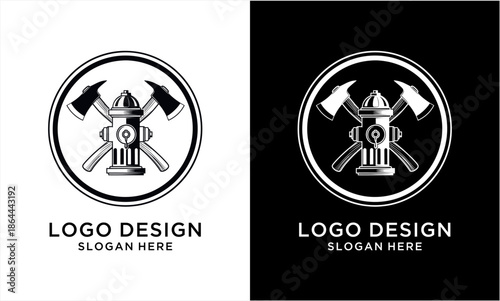 Firefighter emblem with crossed axes and hydrant in a circular badge design.