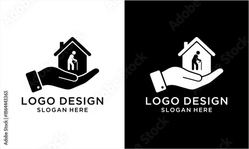 Hand holding a house with an elderly person inside, symbolizing care and support.