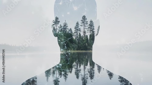 Silhouette with natural landscape and neural network overlaid