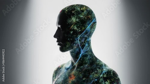 Human silhouette filled with plant matter, accented by light and veins