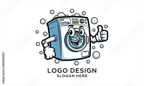 Happy Washing Machine Mascot with Thumbs Up and Soap Bubbles.