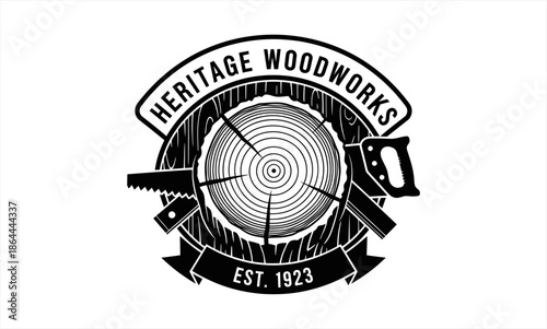 Heritage Woodworks vintage logo with tree trunk cross-section and hand saws.