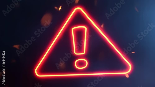 A bright neon red warning sign with an exclamation point against a dark background