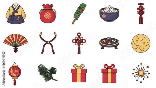 A collection of traditional Korean cultural symbols and festive items, including hanbok, lucky bags, fans, rice bowls, knots, lanterns, and gift boxes.
