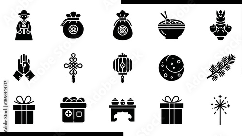 Collection of black silhouette icons representing Chinese New Year traditions and cultural symbols of good fortune and celebration.