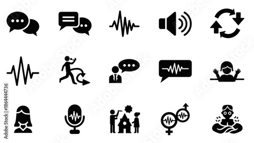 A collection of black glyph icons representing communication, sound, speech, audio, and related human interactions and technology concepts.