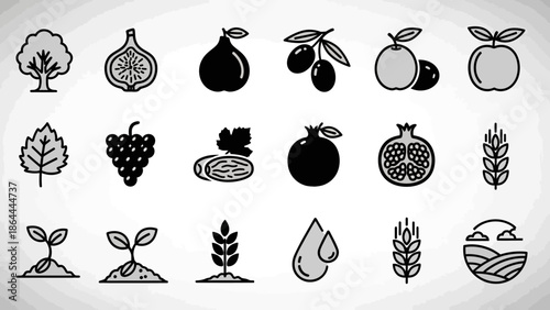 Collection of black and white line art icons representing agriculture, fruits, plants, and farming elements.