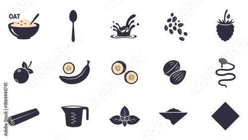 Collection of food ingredient icons including oats, fruits, nuts, and spices, suitable for breakfast or healthy eating themes.