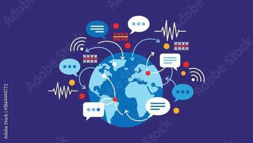Global communication network with data flow, wireless signals, and speech bubbles around the world.