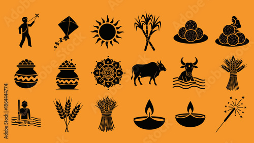 Collection of black silhouette icons representing various elements and traditions of Indian harvest festivals like Makar Sankranti and Pongal.