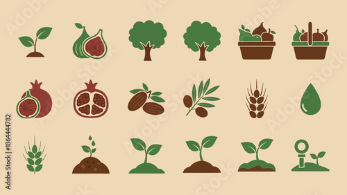 A collection of flat design icons depicting various agricultural elements, including sprouts, fruit trees, figs, pomegranates, olives, wheat, and a water drop.