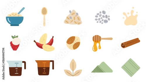 Collection of breakfast ingredients and kitchen tools including oats, fruits, nuts, honey, and measuring cups on a white background.