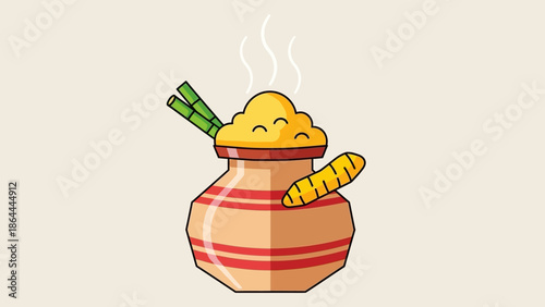 Traditional Pongal pot overflowing with sweet rice, decorated with sugarcane and turmeric, symbolizing harvest festival.