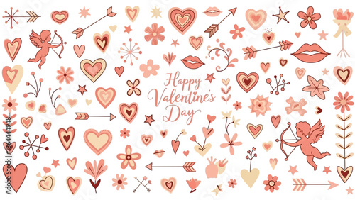 A charming collection of hand-drawn Valentine's Day elements including hearts, cupids, arrows, flowers, and lips in soft pastel colors, perfect for romantic designs.