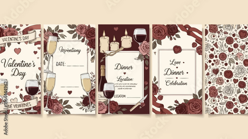 A collection of five elegant Valentine's Day themed cards and invitations featuring roses, wine, and candles in a vintage illustrative style.