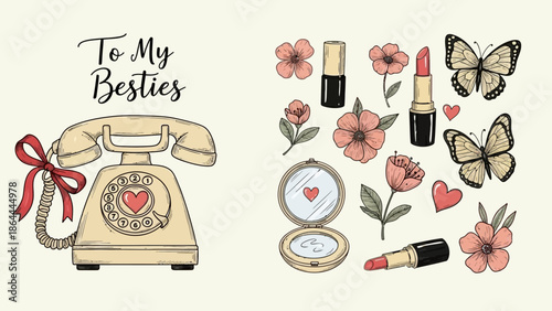 A charming illustration featuring a vintage rotary telephone adorned with a red ribbon and the text "To My Besties," alongside a collection of cosmetic items, flowers, and butterflies.