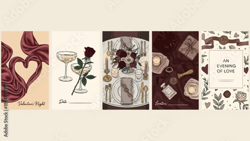 A collection of five elegant illustrations depicting various romantic and Valentine's Day themes, including a silk heart, champagne and rose, a dinner setting, luxury items, and an invitation.