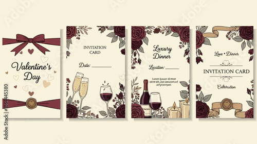Elegant Valentine's Day and luxury dinner invitation card designs with romantic floral and wine elements, perfect for celebrations.