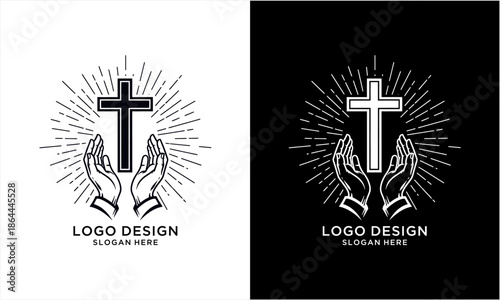 Praying Hands Holding a Christian Cross with Radiant Light.