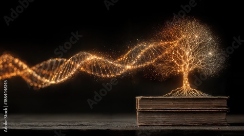 A captivating image of glowing DNA structure connecting to a shining tree sitting on top of an old book.