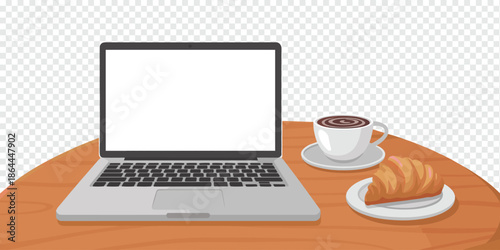 Morning Coffee Break with Laptop and Croissant on Wooden Table work lifestyle concept