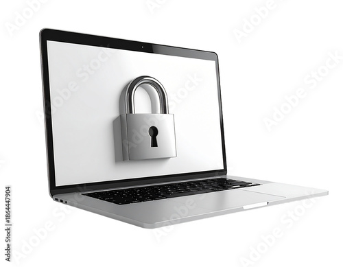 Laptop computer with security lock icon on transparent background