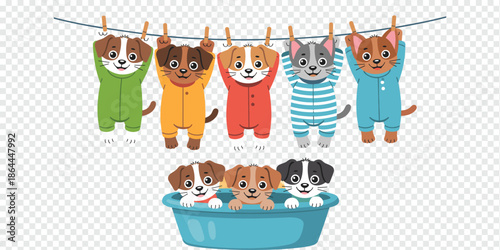 Adorable Puppies and Kittens in Pajamas on a Clothesline and in a Bathtub cute pets concept