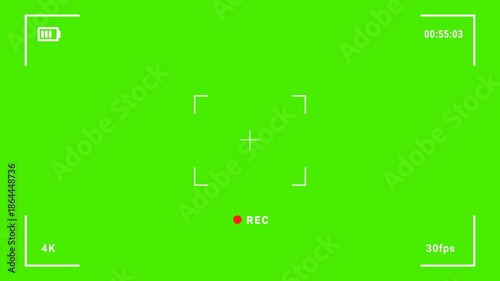 Recording screen overlay green screen in 4K resolution featuring digital camera interface and viewfinder frame. Ideal for cinema workflow, live streaming, surveillance visuals, and motion graphics.