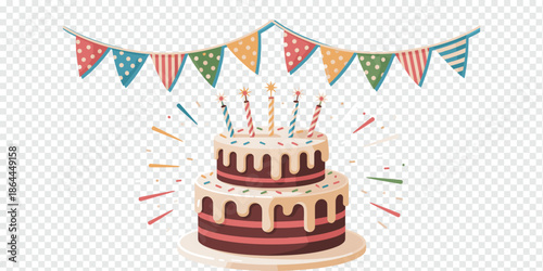 Colorful Birthday Cake with Party Bunting and Candles birthday party concept
