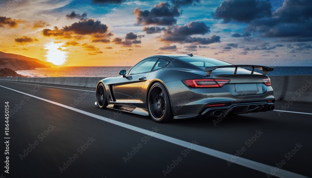 Naklejka premium Sleek sports car driving on a coastal road during a vibrant sunset