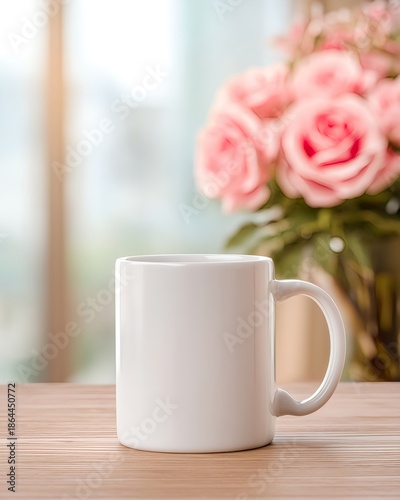 A neutral coffee mug mockup designed for product presentation with natural materials and cozy interior styling