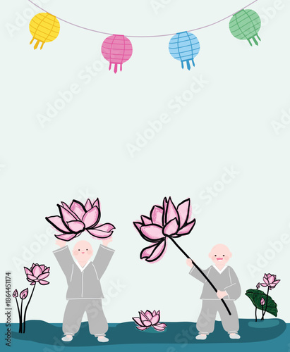 Buddhist Celebration Background with Lanterns and Children Holding Lotus Flowers