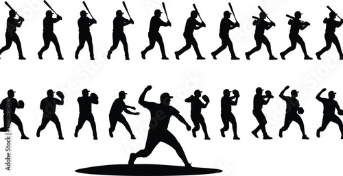 Baseball silhouettes showing batter swing and pitcher throw sequence, illustrating sports motion, athletic training, and competitive game action for stock