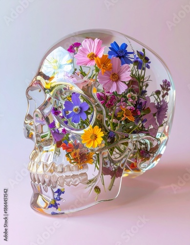 Surreal Floral Glass Skull in Macro Photography Style