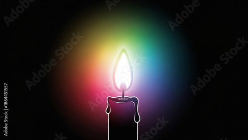 Illuminating candle flame glowing with a vibrant rainbow aura against a dark, moody, abstract background symbolizing hope