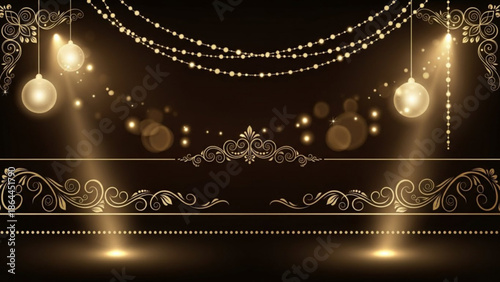 Elegant golden ornate frame and string lights with spotlights on a dark background, luxury event decoration concept