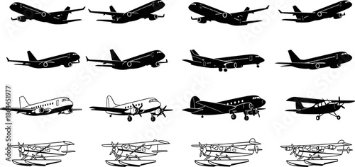 Aircraft silhouettes vector illustration set, commercial airplanes, propeller planes and seaplanes collection, aviation transport icons isolated on white background