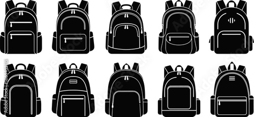 Backpack icons set, school bag silhouettes collection, black and white rucksack designs, travel education hiking accessories, modern flat vector illustration