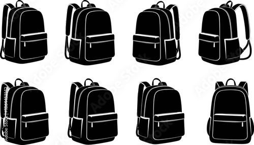 Backpack silhouettes vector illustration collection, school and travel rucksack icons set, black bag designs isolated on white background, minimal modern style