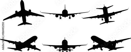 Airplane silhouette vector illustration set, commercial passenger jet landing and takeoff views, aviation transportation icons for travel, airport, logistics, flight design