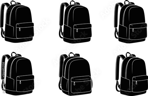Backpack silhouettes vector illustration set, school and travel rucksack icons collection, black bag designs isolated on white background, minimal modern style