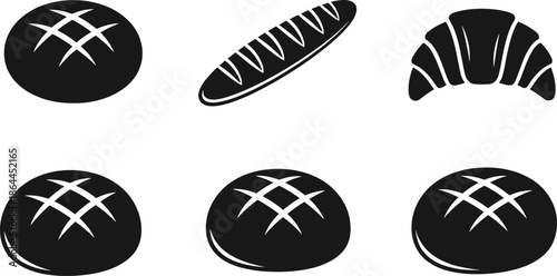 Bakery bread icons vector illustration, assorted loaf and croissant silhouettes, artisan baked goods symbols set isolated on white background, collection minimal