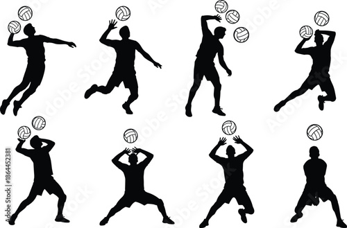 Volleyball silhouettes of players performing dynamic actions with ball, showcasing serving, spiking, setting, receiving, athletic training, and competitive gameplay