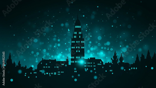 Dark silhouette of a futuristic cityscape at night with glowing lights and falling snow or bokeh effects