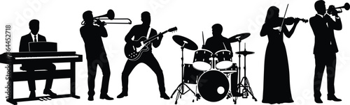 Silhouettes of musicians performing with diverse instruments including keyboard, guitar, drums, violin, trumpet, trombone, showcasing live concert performance energy