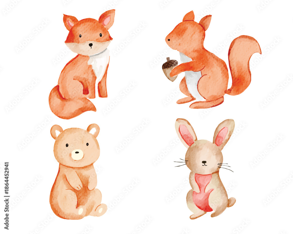 Fototapeta premium Cute Faceless Fox and Rabbit Watercolor Set