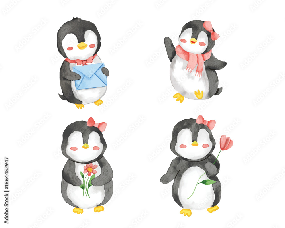 Fototapeta premium Cute Faceless Penguin Watercolor Set